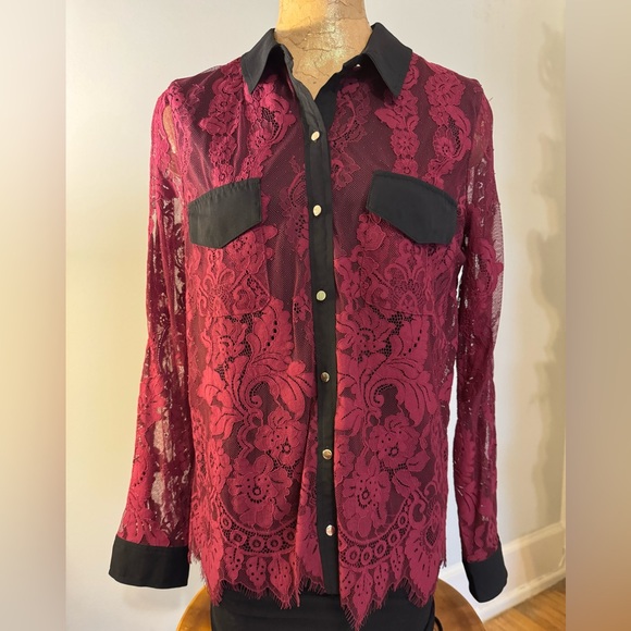 Thalia Sodi Tops - Thalia Sodi Burgundy Lace & Black Button Down Shirt